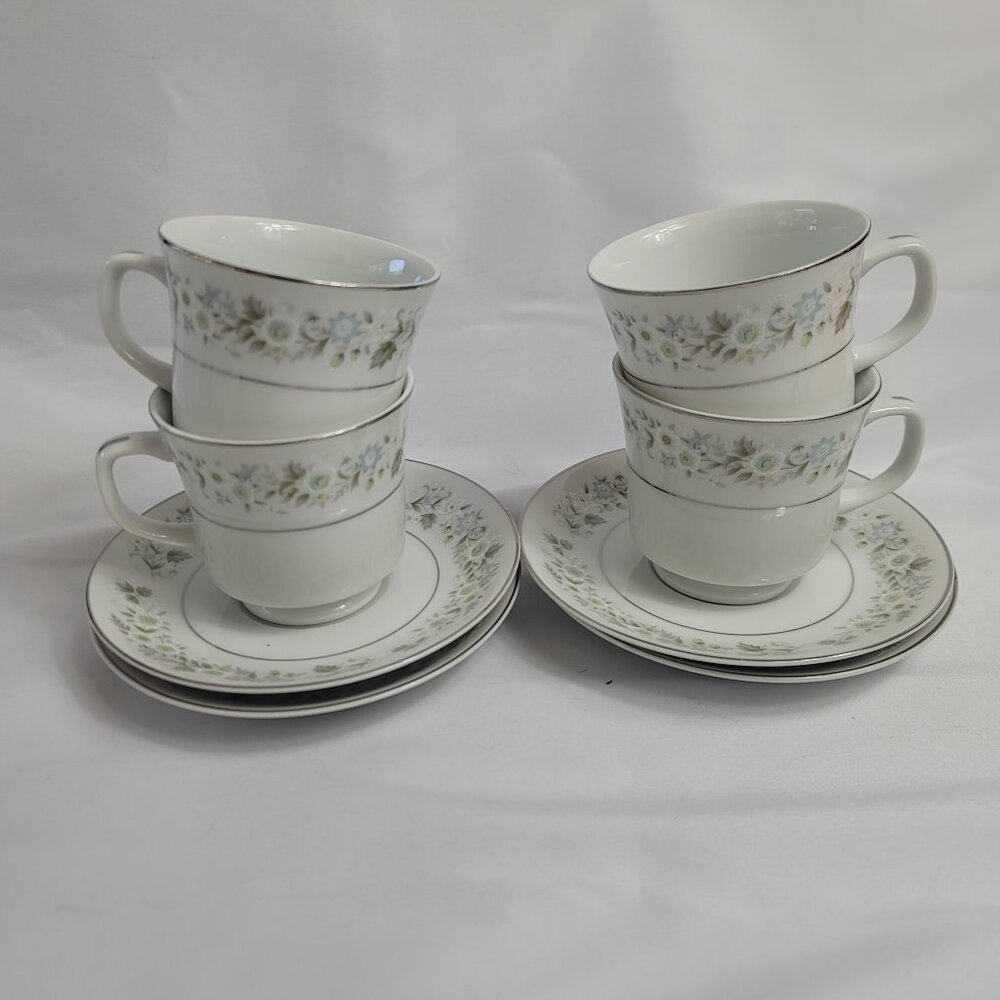 FOUR Imperial China Wild Flower Cup & Saucer Sets Green Blue & White Flowers